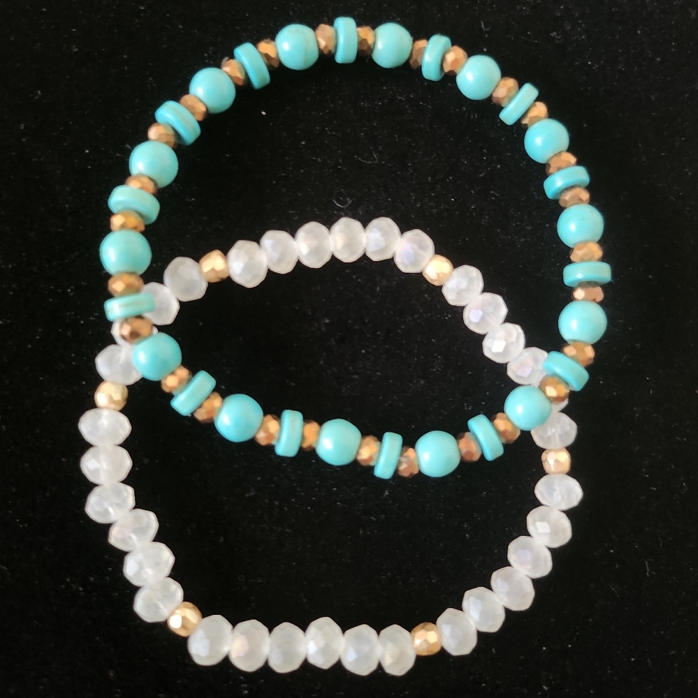 2 Seed Beads Bracelets Turquoise/Gold+ White/Gold - Picture 2 of 5